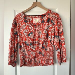 NWOT Maeve Coral Red Floral Smocked-Waist Long Sleeve Top